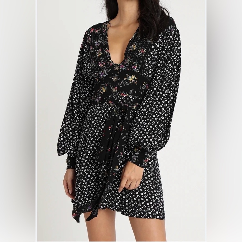 Free People Wonderland Printed Long Sleeve Mini Dress Large NWT